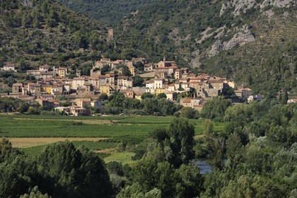 France, Herault, Orb river valley, village of Roquebrun in the distance and AOC Saint-Chinian & Roquebrun