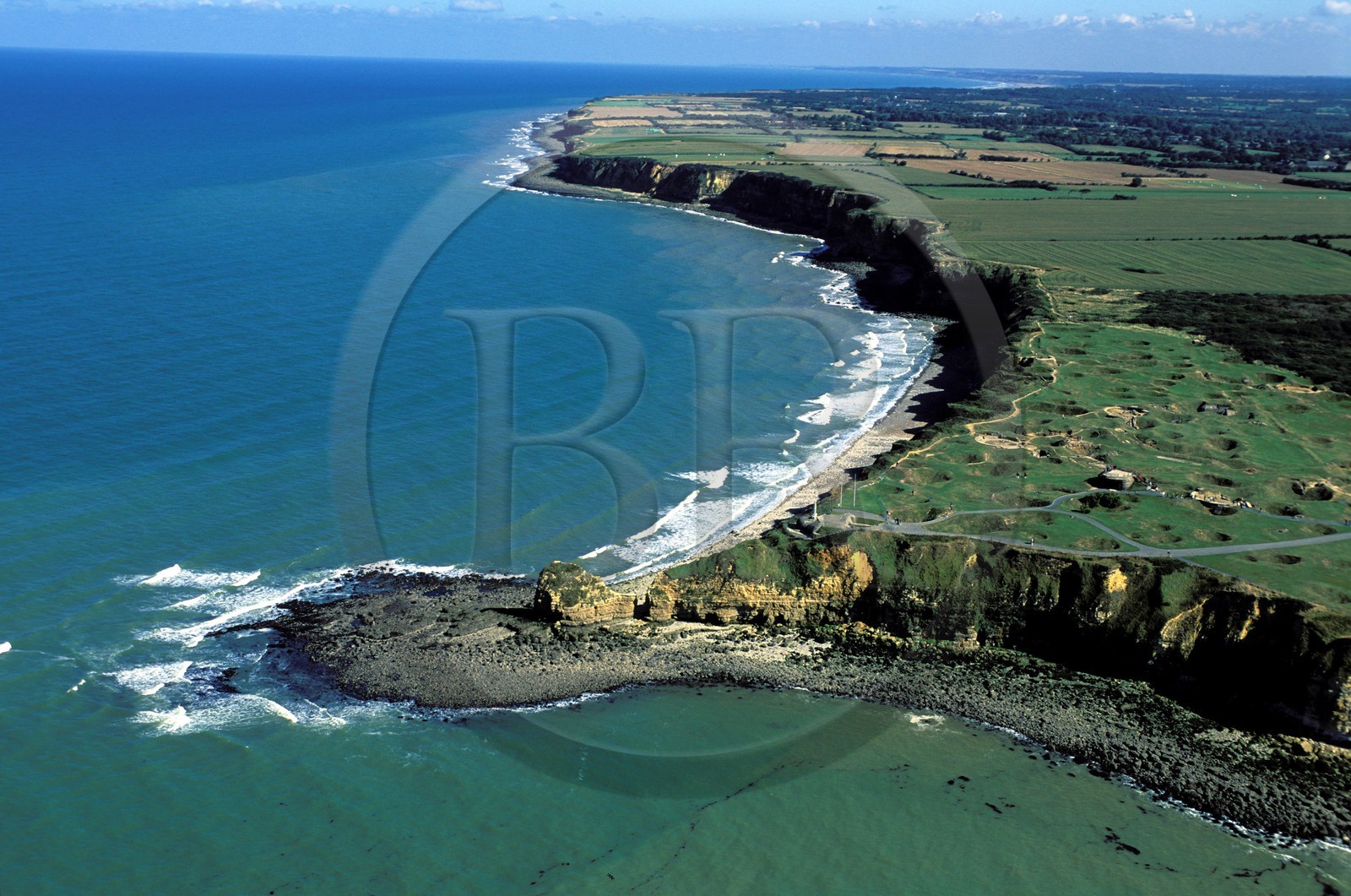 France, Calvados, Pointe du Hoc with bomb holes made by the Normandy landings of the Second World War (aerial view)