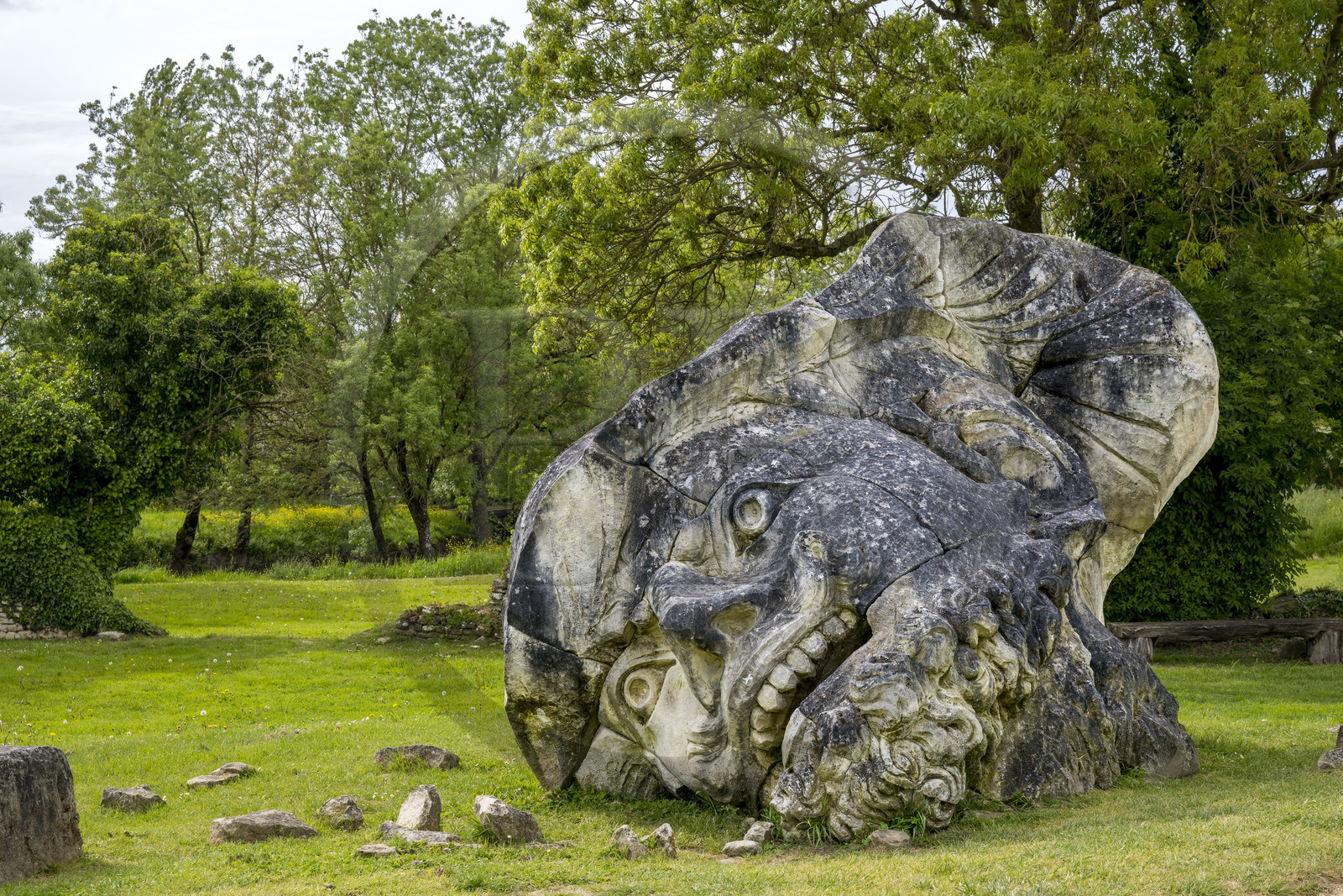 France, Vendée (85), Parc Interrégional du Marais Poitevin labellisé Grand Site de France, Maillezais, vestiges de l'abbaye Saint-Pierre de Maillezais, tête réalisée en 2000 représentant Geoffroy la Grand'Dent