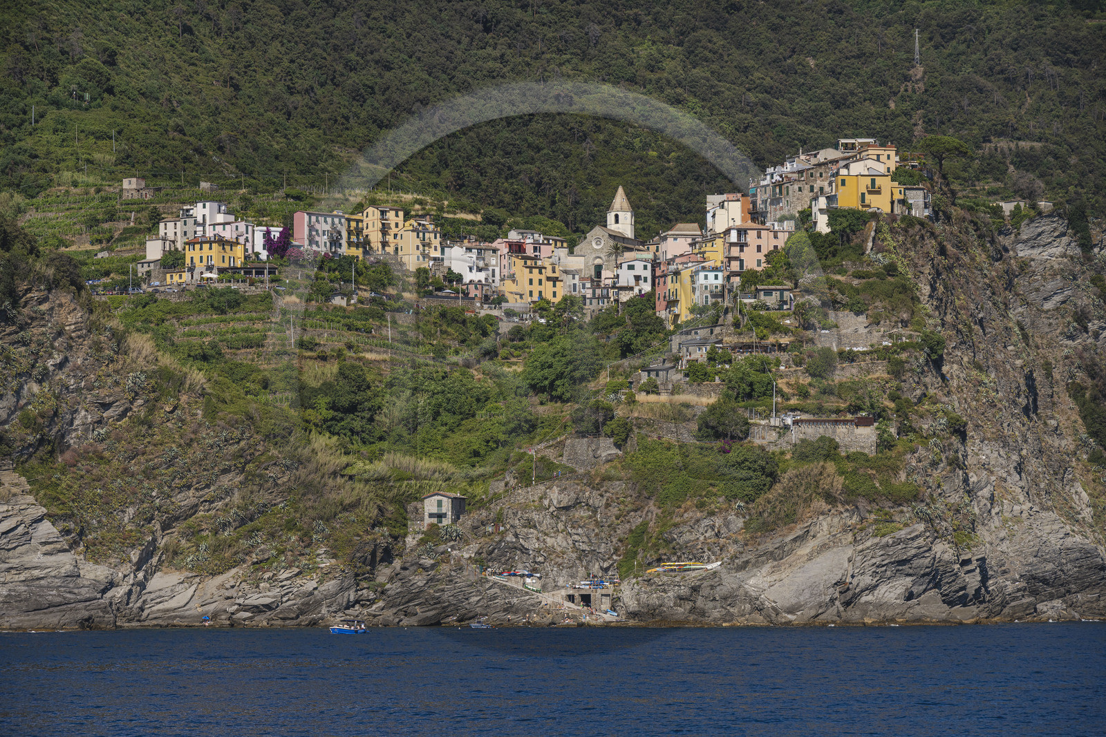 Italy, Liguria, Cinque Terre National Park listed as World Heritage by UNESCO, the village of Corniglia located at the top of a promontory overlooking the Mediterranean Sea at an altitude of about 100 m