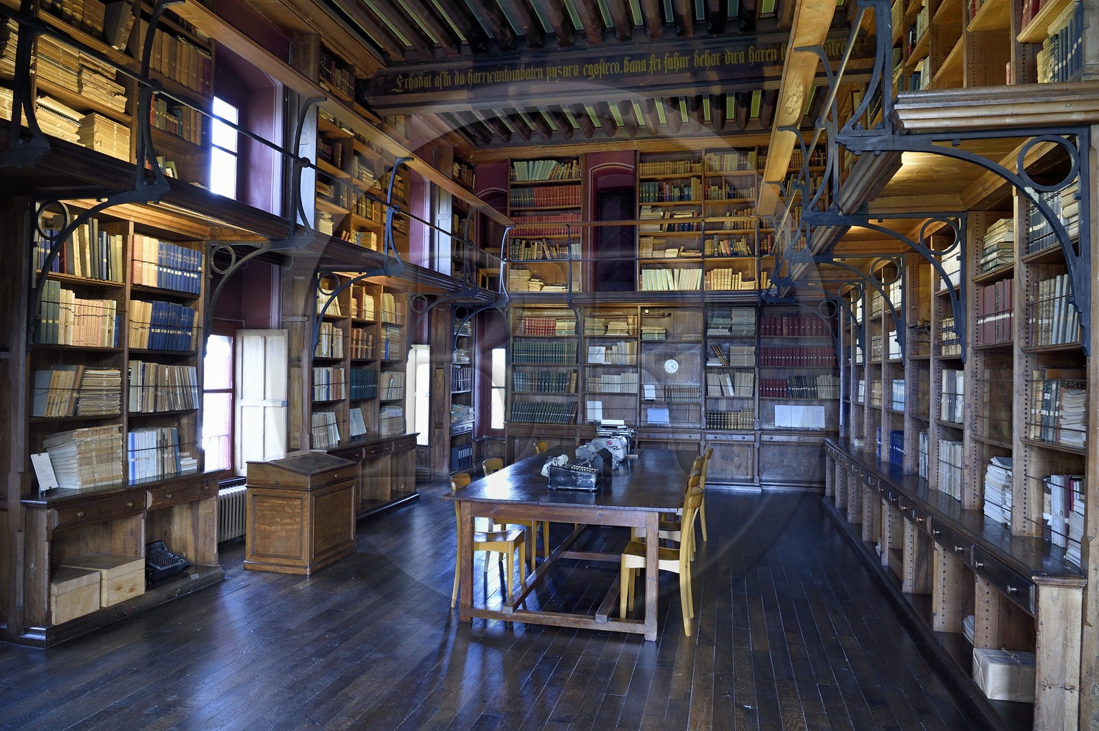 France, Pyrenees Atlantiques, Basque Country coast, Hendaye, Abbadia castle built in 1870 by Eugène Viollet-le-Duc for Antoine d'Abbadie d'Arrast, the library