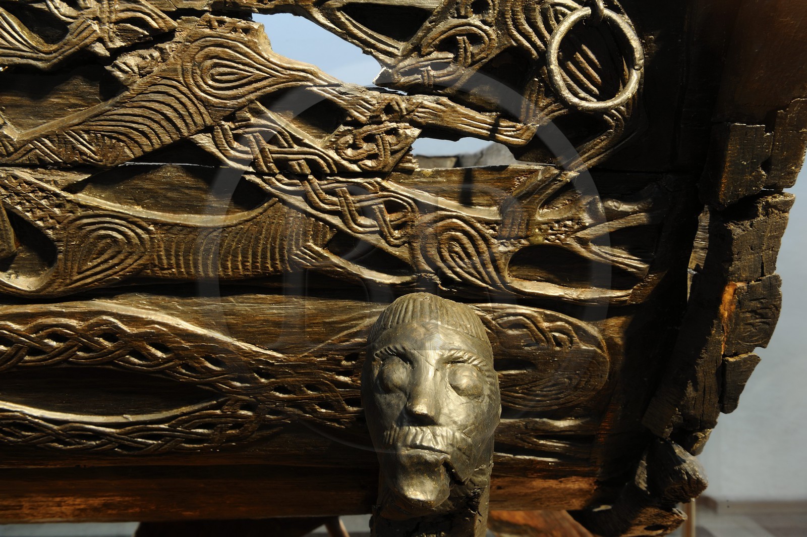 Norway, Oslo, Bygdoy Peninsula, Viking Boats Museum, objects found in Oseberg tomb of the 9th century, charriot detail