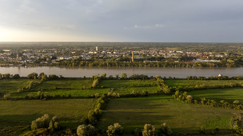 France, Loire Atlantique, Coueron, open-air contemporary art collection Estuaire, La Maison dans la Loire (The House in the Loire river) created by the artist Jean-Luc Courcoult and the 69 m high Shot Tower built in the 19th century (aerial view)
