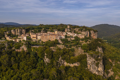 France, Var, the Dracenie, village of Chateaudouble overlooking the gorges on the Nartuby river (aerial view)