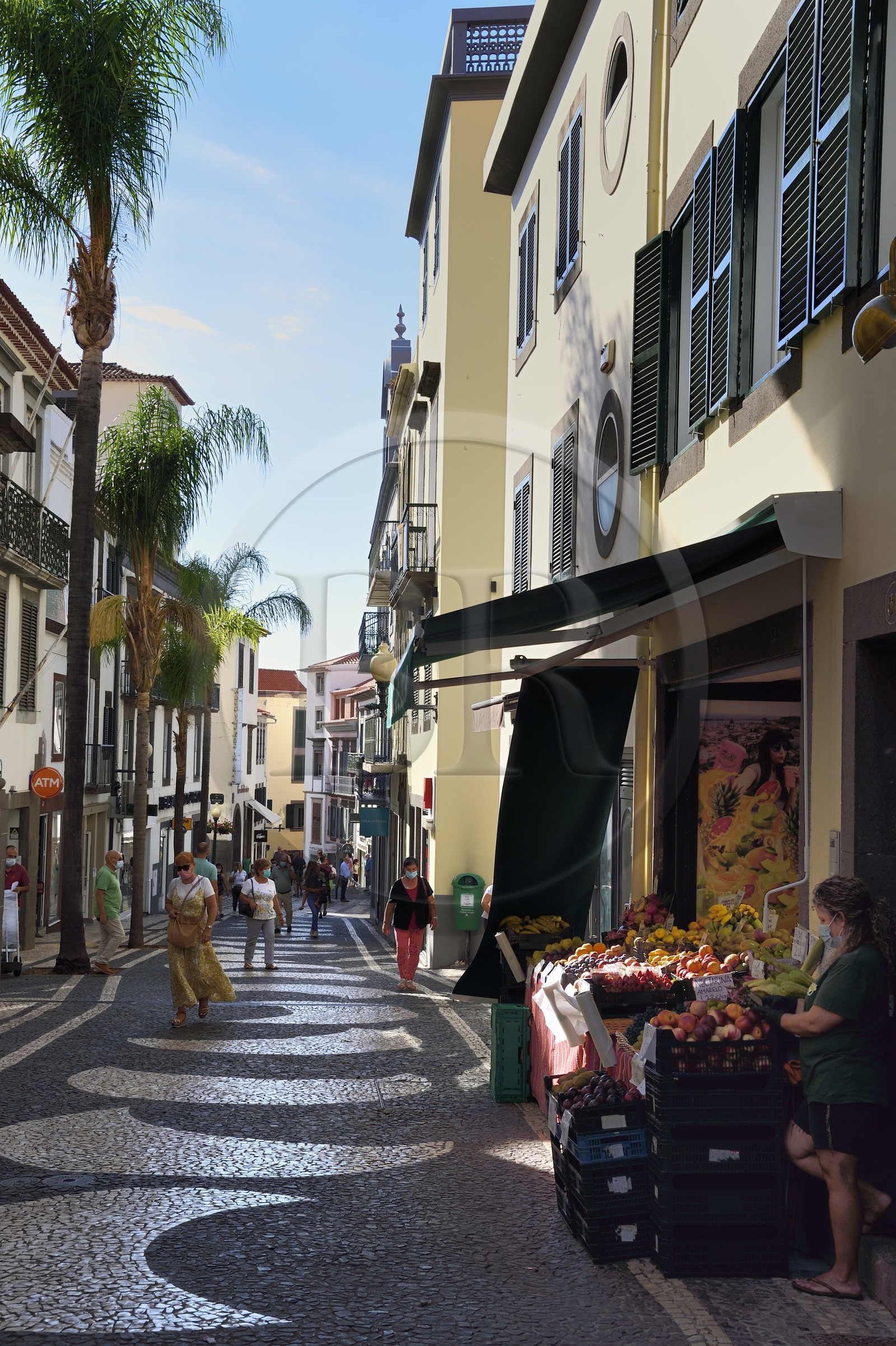 Portugal, Madeira Island, Funchal, nicely cobbled  rua Dos Ferreiros street in the historic district