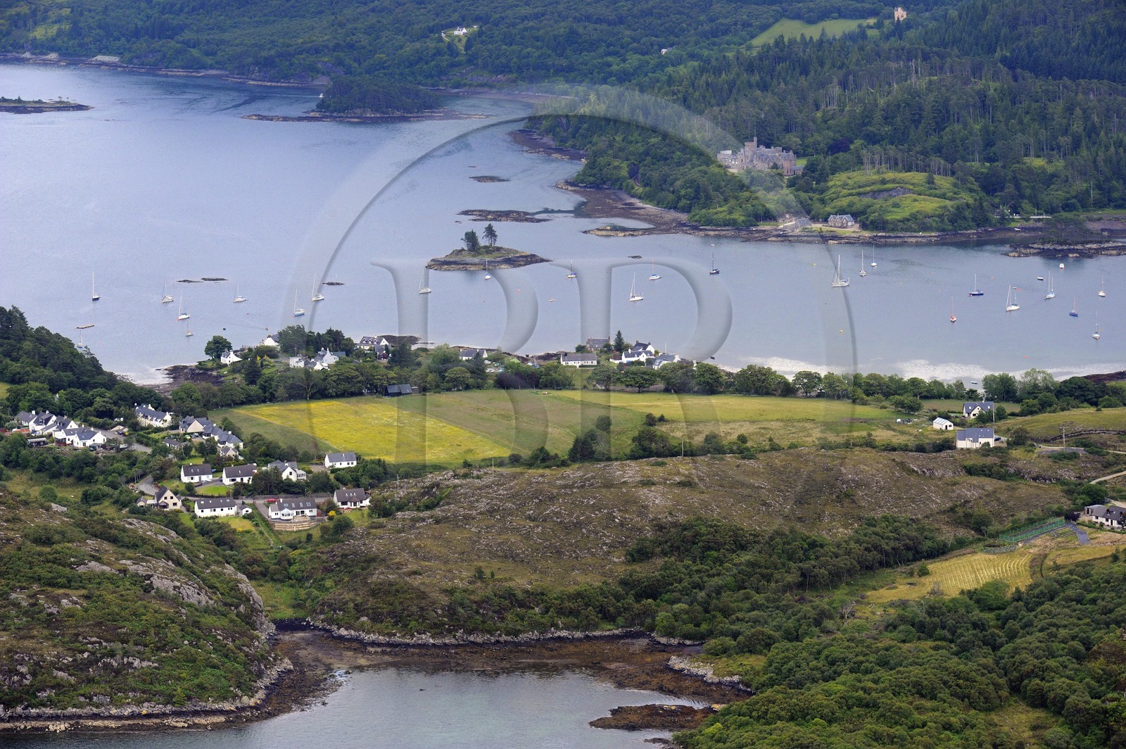 United Kingdom, Scotland, Highland, Loch Carron, the village of Plockton and Duncraig Castle (aerial view)