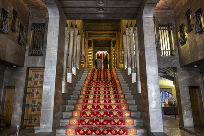Spain, Catalonia, Barcelona, the Güell Palace (Palau Güell) built between 1886 and 1891 by the Catalan modernist architect Antoni Gaudi, a UNESCO World Heritage site, main staircase in the ground floor vestibule