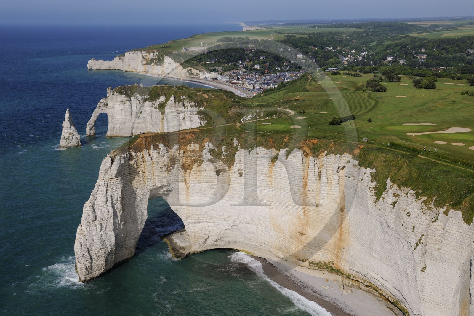 France, Seine Maritime, Pays de Caux, Cote d'Albatre, Etretat, Aval Cliffs, the Aiguille Creuse and golf course (aerial view)