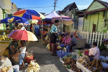Caraïbes, Ile de la Dominique, la capitale Roseau, vente à l'étal de fruits et légumes aux abords du marché centrale