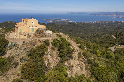 France, Var, Six Fours les Plages, hike in the Cap Sicie massif, the Notre-Dame-de-Bonne-Garde known as Notre-Dame-du-Mai, Ile des Embiez in the background (aerial view)