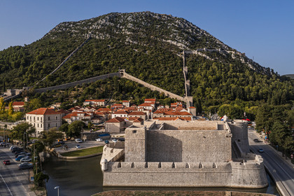 Croatia, Dalmatia, peninsula of Peljesac, the old town of Ston and the Fort Kastio in the foreground (aerial view)