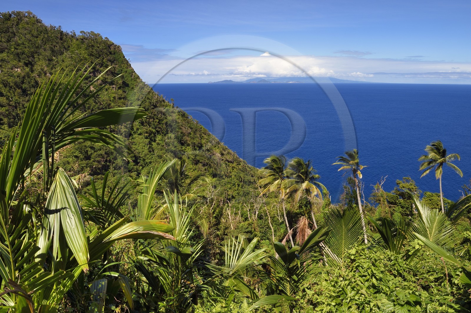 Caraïbes, Ile de la Dominique, paysage sur le segment 13 du Waitukubuli National Trail dans le nord de l'île entre Pennville et Capuchin, les Saintes en Guadeloupe en arrière plan