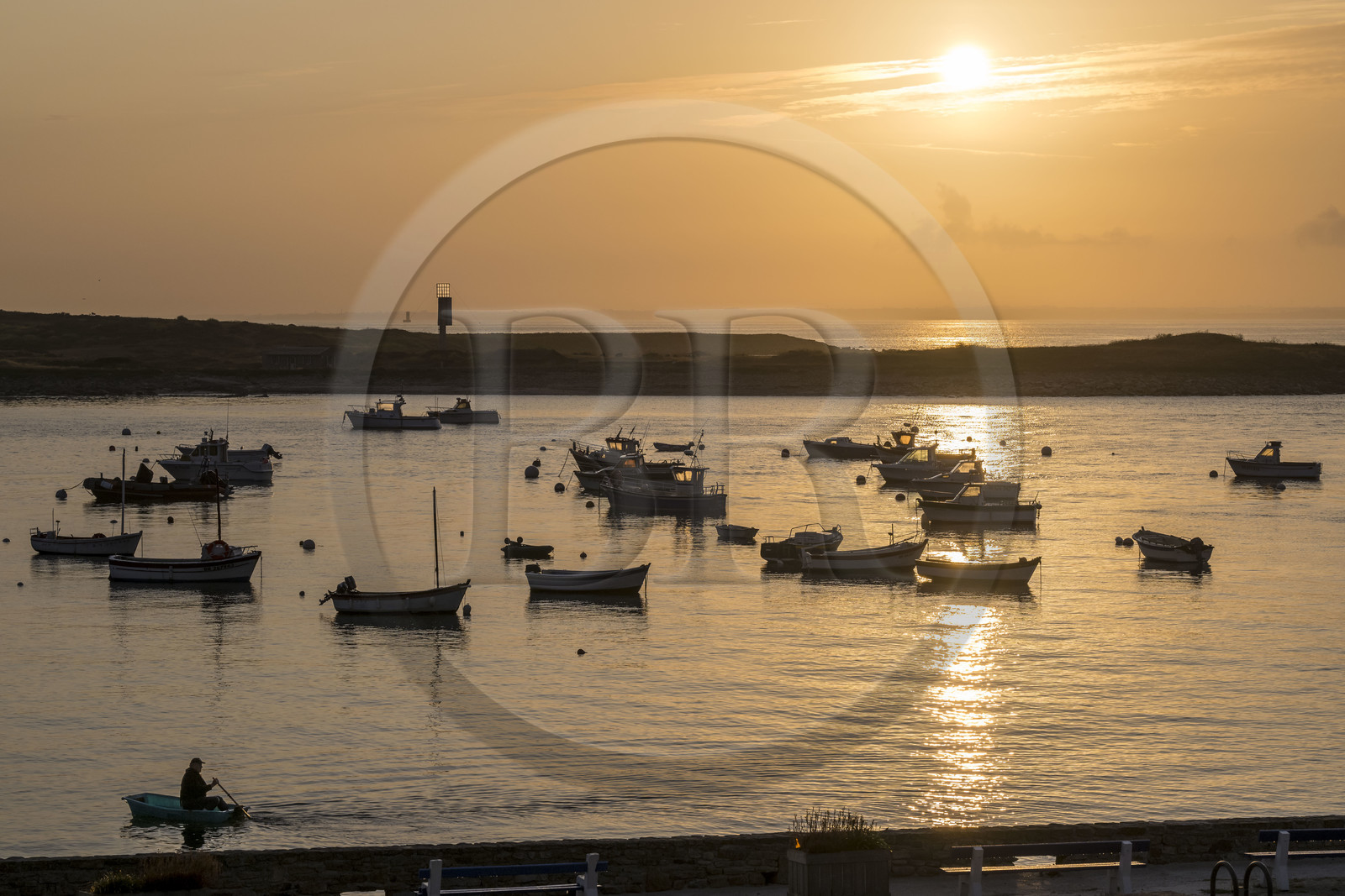 France, Finistère, Iroise Sea, Molene Island, the fishing boats are at anchor in the summer between the town and the Lédenez Vraz islet in the background