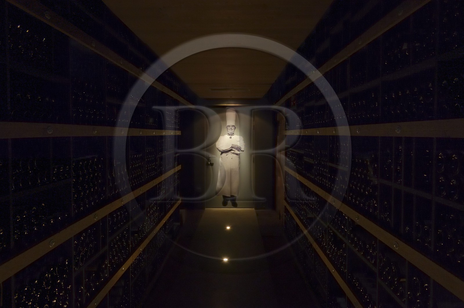 France, Rhone, Collonges au Mont d'Or, Paul Bocuse Restaurant L'Auberge du Pont de Collonges, three Michelin stars since 1965, the wine cellar