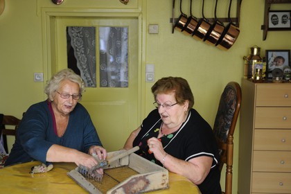 France, Manche, Bay of Mont Saint Michel, old harbour of Genets, the Coquetieres, a local name of women who pick up cockles, Renee Neveu and Marie Gesmier