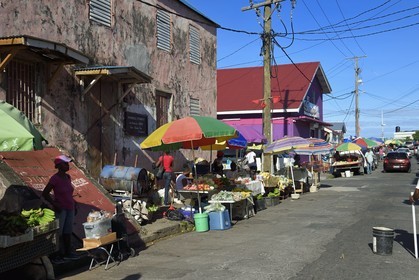 Caribbean, Dominica Island, the capital city Roseau, fruit and vegetable stall sales near the central market