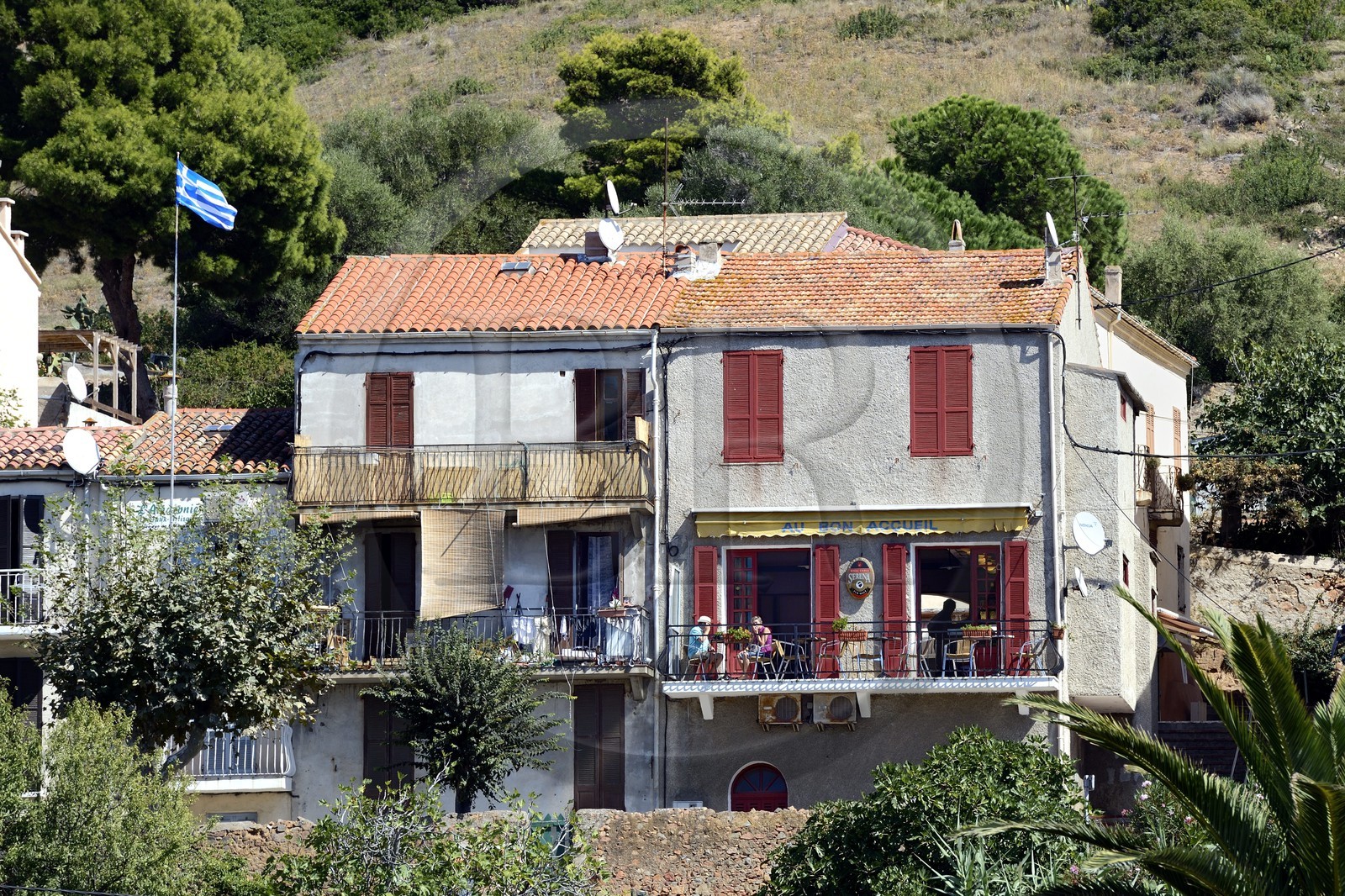 France, Corse-du-Sud (2A), Cargèse, café de la ville sur lequel flotte le drapeau grec
