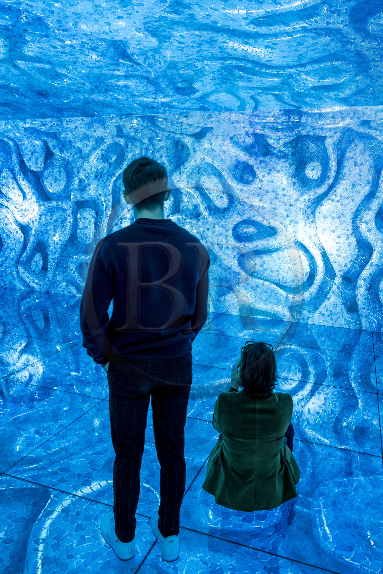 Spain, Catalonia, Barcelona, Eixample district, Passeig de Gracia, Casa Batllo by Catalan modernist architect Antoni Gaudi, UNESCO World Heritage site, In the Mind of Gaudi in the Gaudi Cube, a real 360º experience by new media artist Refik Anadol