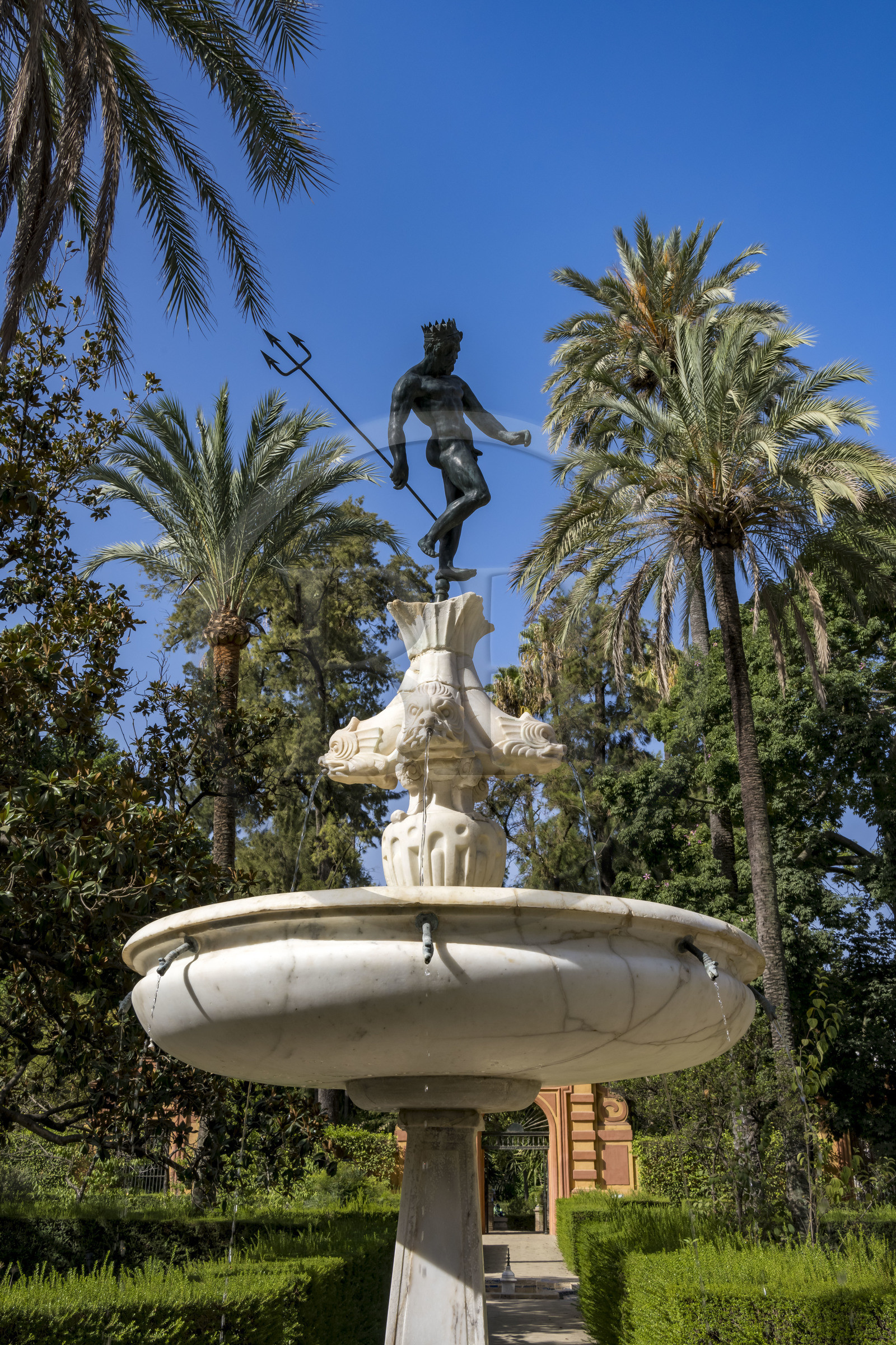Spain, Andalusia, Seville, the Alcazar of Seville (Reales Alcazares de Sevilla), listed as World Heritage by UNESCO, garden of the Dames (jardin de las Damas), fountain of Neptune
