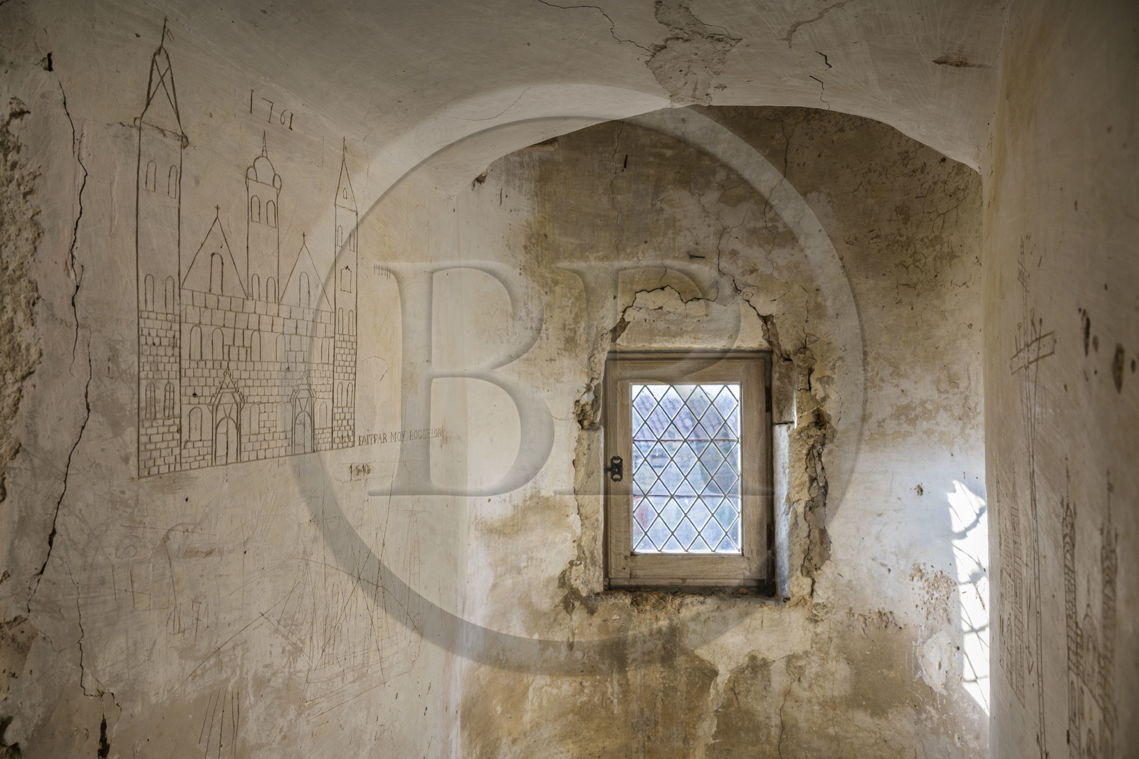 France, Aveyron, Causses and the Cévennes, cultural landscape of Mediterranean agro-pastoralism, listed as World Heritage by UNESCO, Sainte-Eulalie-de-Cernon, Templar Commandery then Hospitaller Commandery of the Order of Saint John of Jerusalem, graffiti of three churches signed by a certain Roquelon in 1761