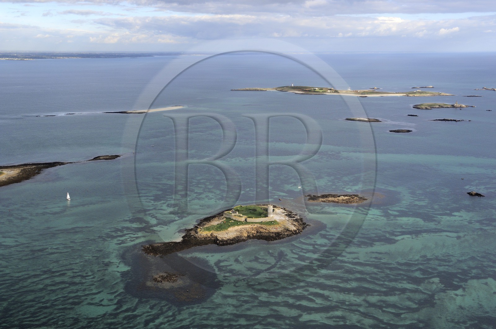 France, Finistere, La Foret Fouesnant, Glenan islands, Fort Cigogne on Cigogne Island and Penfret Island in the background (aerial view)