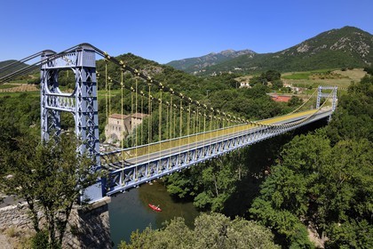 France, Herault, Orb valley, the suspension bridge over the river Orb at the moulin de Travassac next to Mons la Trivalle