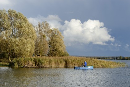 France, Meuse (55), Parc régional de Lorraine, Cotes de Meuse, Heudicourt-sous-les-Côtes, pêcheurs sur le lac de la Madine