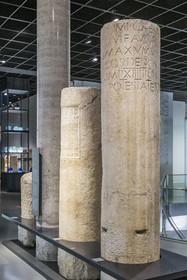 France, Gard, Nimes, Romanity museum (Musée de la Romanite) by architect Elizabeth de Portzamparc, Milestone of Augustus (3 BC) on the Via Domitia