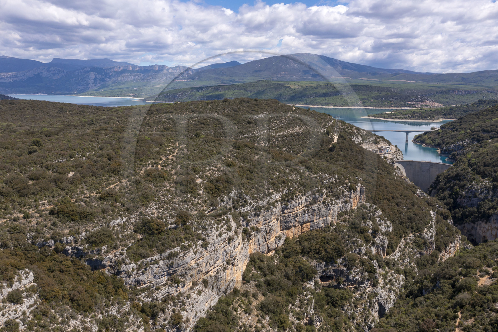 Var on the Left Bank and Alpes de Haute Provence on the Right Bank, Parc Naturel Regional du Verdon, Basses Gorges du Verdon downstream of Lake St. Croix, the gorges de Baudinard  and the Sainte Croix dam in the background (aerial view)