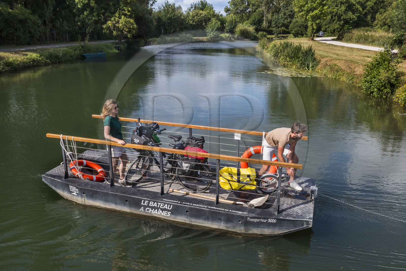 France, Deux-Sèvres, le Marais Poitevin, Green Venice, Magné, bicycle journey, passage of the Sèvre Niortaise river on one of the chain boats in free access (aerial view)