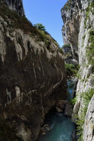 France, Alpes-de-Haute-Provence (04), Parc Naturel Régional du Verdon, Rougon, Grand Canyon du Verdon, la rivière du Verdon dans le couloir Samson, vu depuis le sentier Blanc-Martel sur le GR4