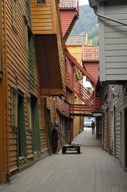 Norway, Hordaland County, Bergen, wooden houses in Bryggen District, listed as World Heritage by UNESCO, former trading post of the Hanseatic League