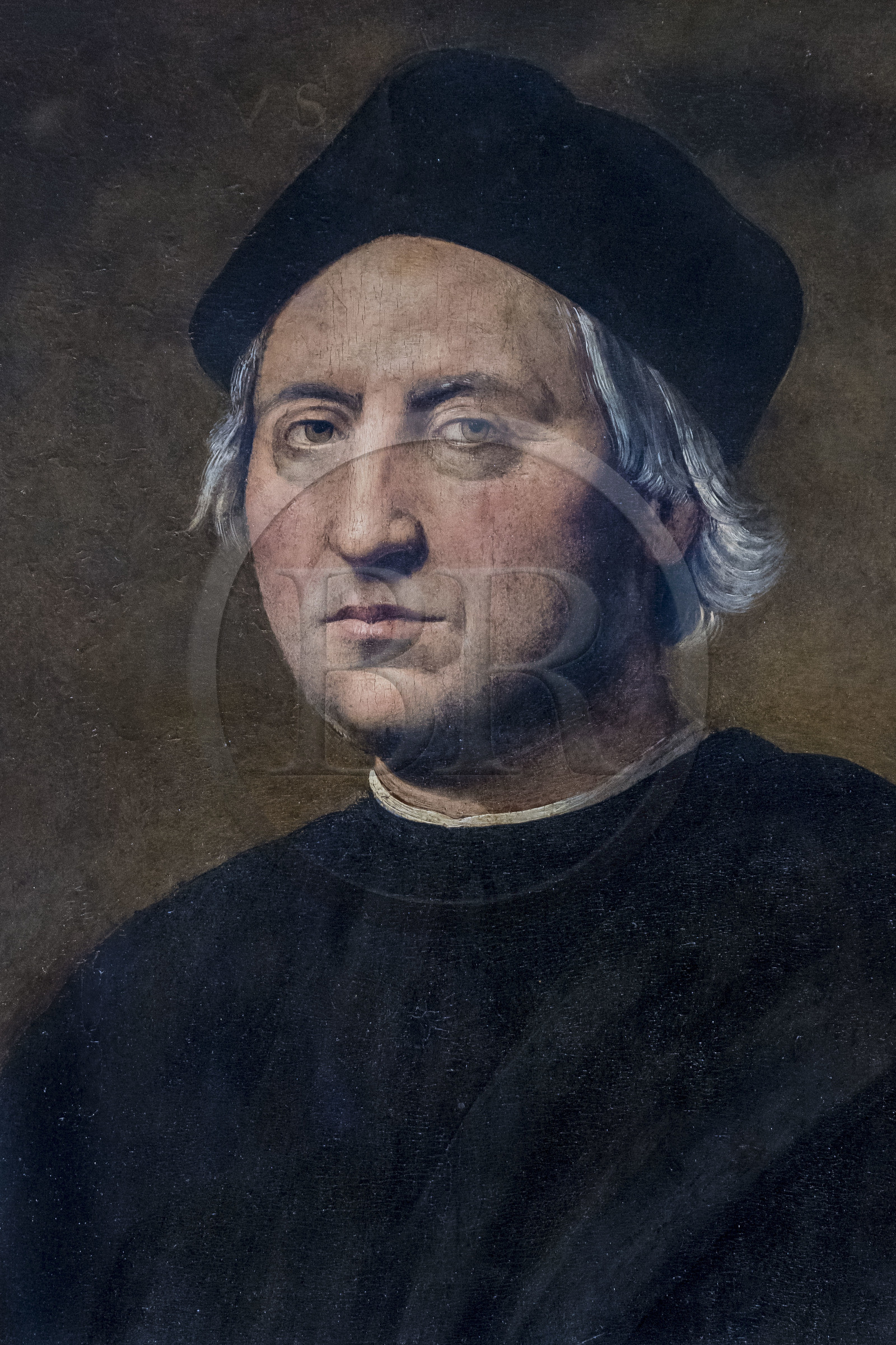 Italie, Ligurie, Gênes, Porto Antico (Vieux Port), Galata Museo del Mare (MUMA), musée consacré au monde maritime, portrait de Christophe Colomb attribué à Domenico Bigordi (milieu XVIème siècle)