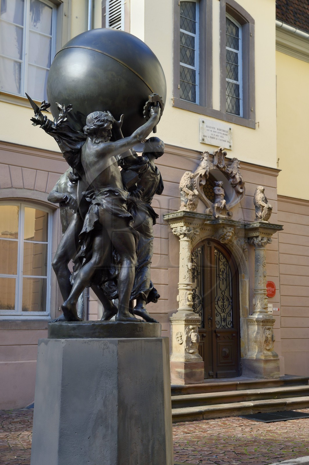 France, Haut Rhin, Colmar, courtyard of the Museum and birth house of Bartholdi, statue called Great Supports of the World (Les Grands Soutiens du Monde)