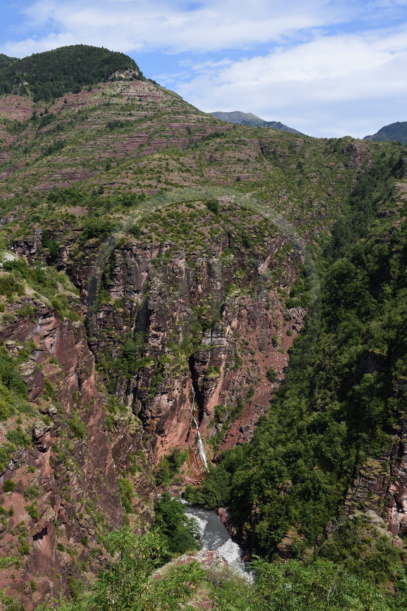 France, Alpes-Maritimes (06), parc national du Mercantour, vallée du Haut-Var, les Gorges de Daluis creusées par le Var dans des sols de pélite rouge