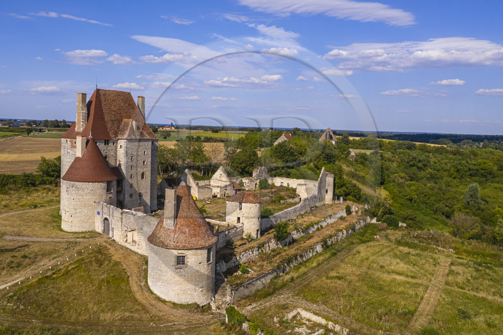 France, Allier (03), former province of Bourbonnais, Besson, Fourchaud castle (14th century to 16th century) now belonging to the descendants of the Bourbon-Parma (aerial view)