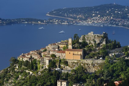 France, Alpes-Maritimes, the hilltop village of Eze, Saint-Jean-Cap-Ferrat in the background