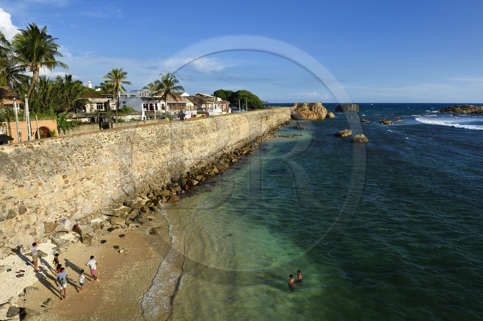 Sri Lanka, Southern Province, Galle Fort, listed as World heritage by UNESCO, old colonial houses behind the sea side walls of the fortified town
