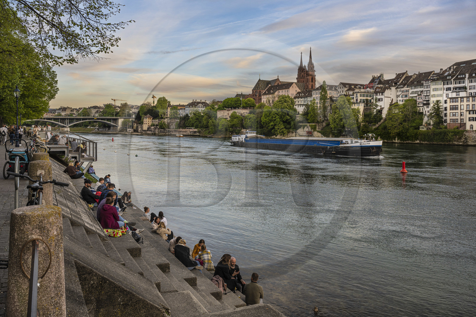 Switzerland, Canton Basel-Stadt, Basel, Little Basel district quays on the right bank of the river Rhine come alive at dusk, a barge goes down the river, the Minster or Protestant Cathedral of Our Lady of Basel (Munster) in the background