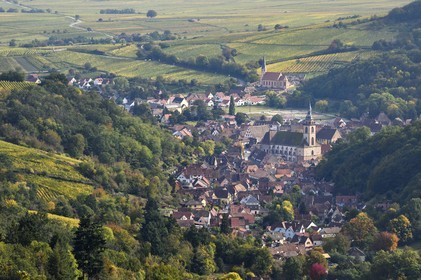 France, Bas-Rhin (67), Route des vins d'Alsace, Andlau, point de vue sur le village et l'église abbatiale Saint-Pierre-et-Saint-Paul (XIème-XVIIIème siècles) vu depuis le chateau de Spesbourg