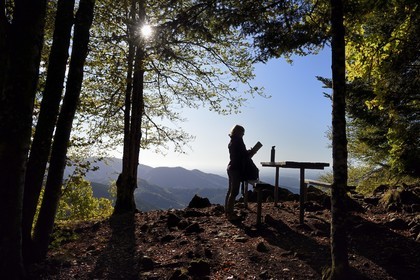 France, Haut-Rhin (68), Parc naturel régional des ballons des Vosges, Rimbach-près-Masevaux, randonneur marchant sur le GR5 au dessus du Lac des Perches