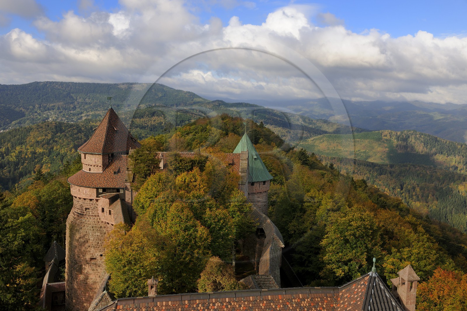 France, Bas Rhin, Orschwiller, Alsace Wine Road, Haut Koenigsbourg Castle, the great Bastion overlooking the forest around and the upper garden