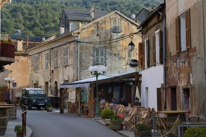 France, Haute Corse, Castagniccia, village of La Porta, café in the main street