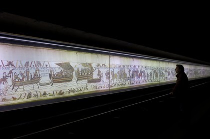 France, Calvados, Bayeux, tapestry museum, Bayeux tapestry, tapestry of Queen Mathilde listed as Memory of the World by UNESCO telling the story of England's invasion by William the Conqueror