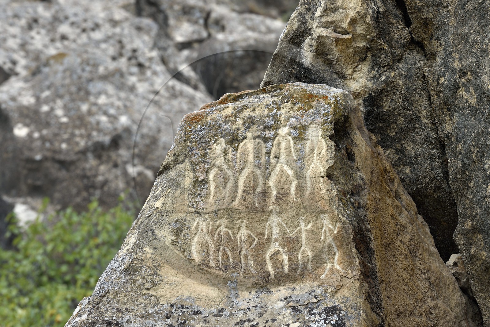 Azerbaïdjan, Gobustan, Parc national de Gobustan, Paysage culturel de l'art rupestre de Gobustan, groupe de danseurs du néolithique (6000 ans av J.C.)