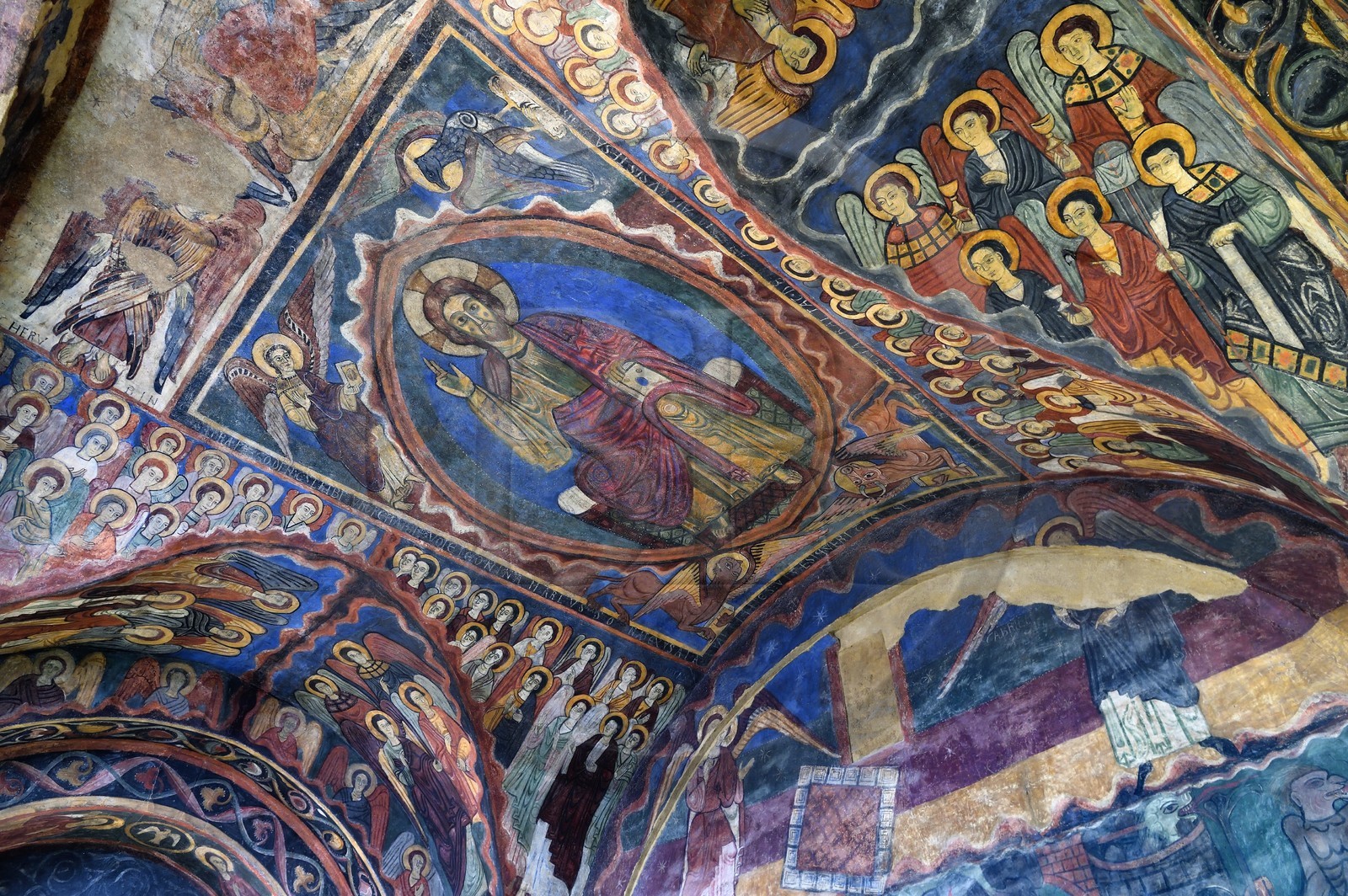 France, Haute Loire, Brioude, the Basilica of Saint-Julien de Brioude in Auvergne Romanesque style, 13th century frescoes in the Saint Michel chapel, Christ in glory is surrounded by the four evangelists, angels and saints