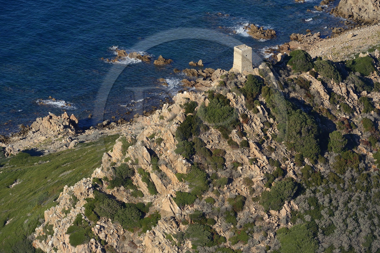 France, Corse du Sud, Golfe d'Ajaccio, Parata point, Sanguinaires islands, Mezzu mare island Castelluccio tower (aerial view)