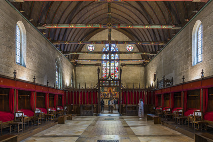 France, Cote d'Or, Beaune, area listed as World Heritage by UNESCO, Hospices de Beaune, Hotel Dieu, the Great Hall of the Poor, frame in oak paneling and engouled beams, the chapel separated by a rood screen is at the end of the room