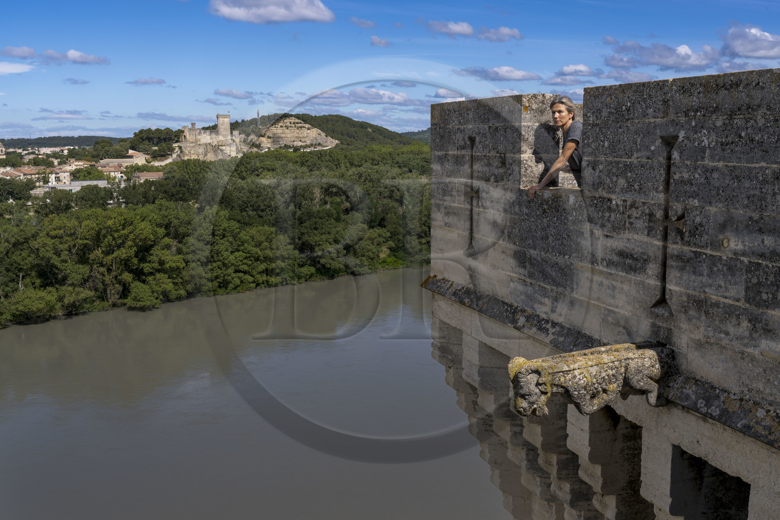 France, Bouches-du-Rhône (13), Tarascon, le chateau du roi René datant du XVe siècle en bordure du Rhone et la forteresse de Beaucaire en arrière plan sur l'autre rive