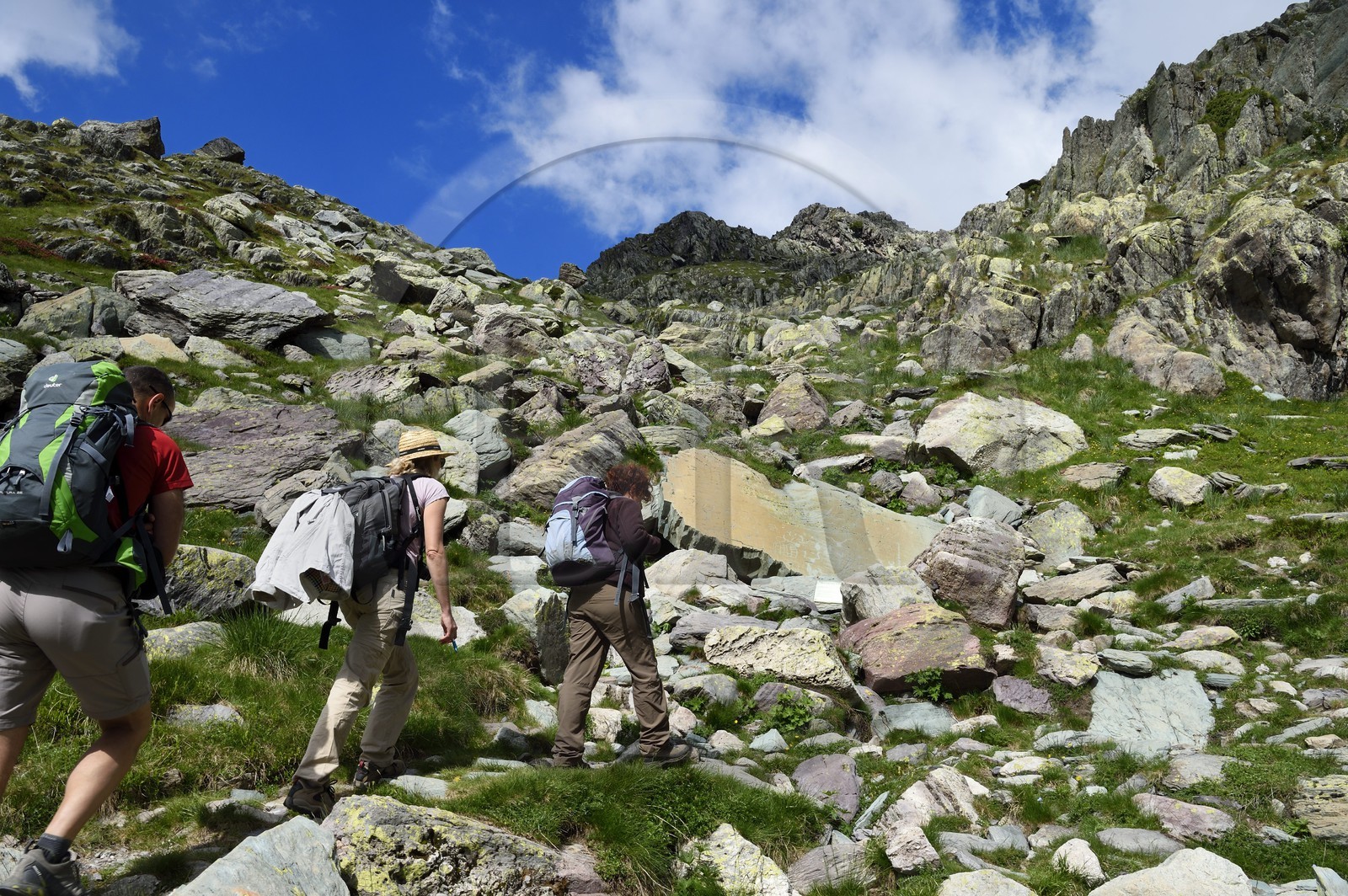 France, Alpes-Maritimes (06), parc national du Mercantour, Vallée des Merveilles parsemée de milliers de gravures rupestres de l'Age de bronze, la Roche de l’Eclat gravée de figures corniformes, de poignards et d'un grand réticulé qui symboliserait les champs cultivés